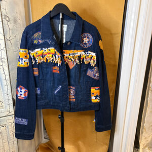 EllE Houston Astros Inspired Denim Jacket Dark Wash Upcycled MLB Inspired
